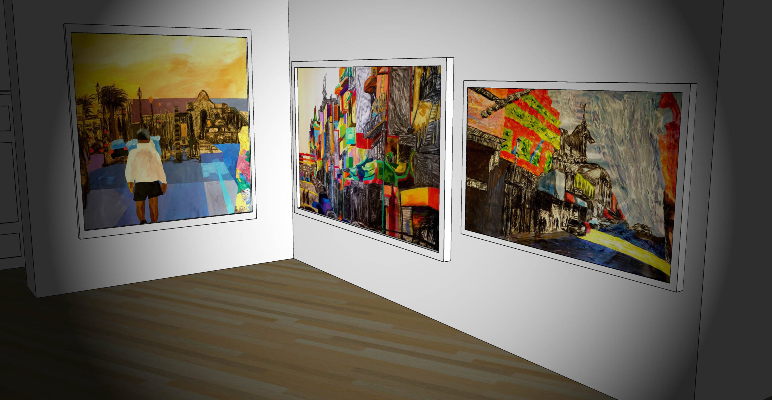 Installation view of three large paintings in the virtual gallery.