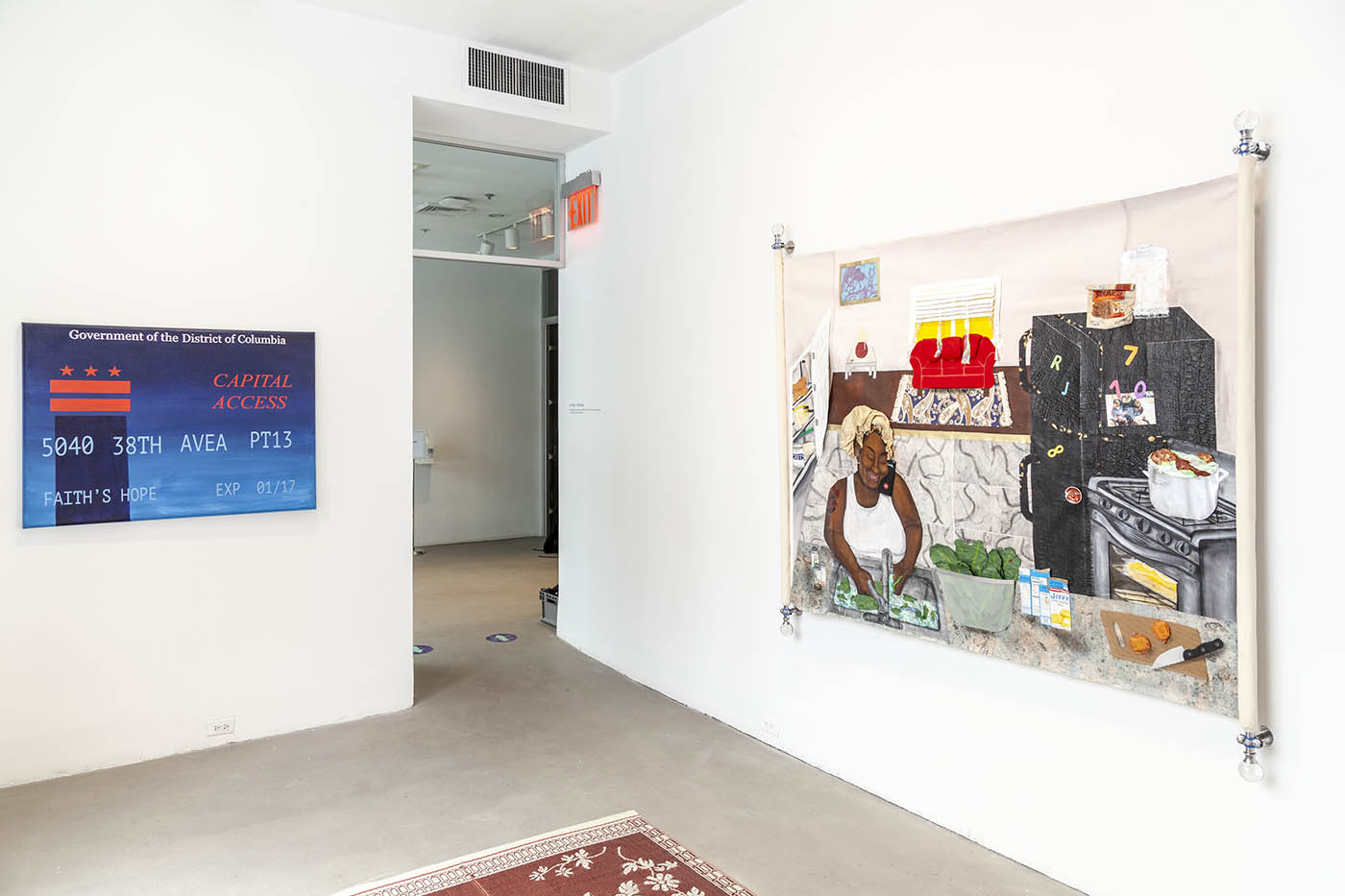Exhibition view: painting of fake credit card "Capital Access" and large painting of domestic interior.