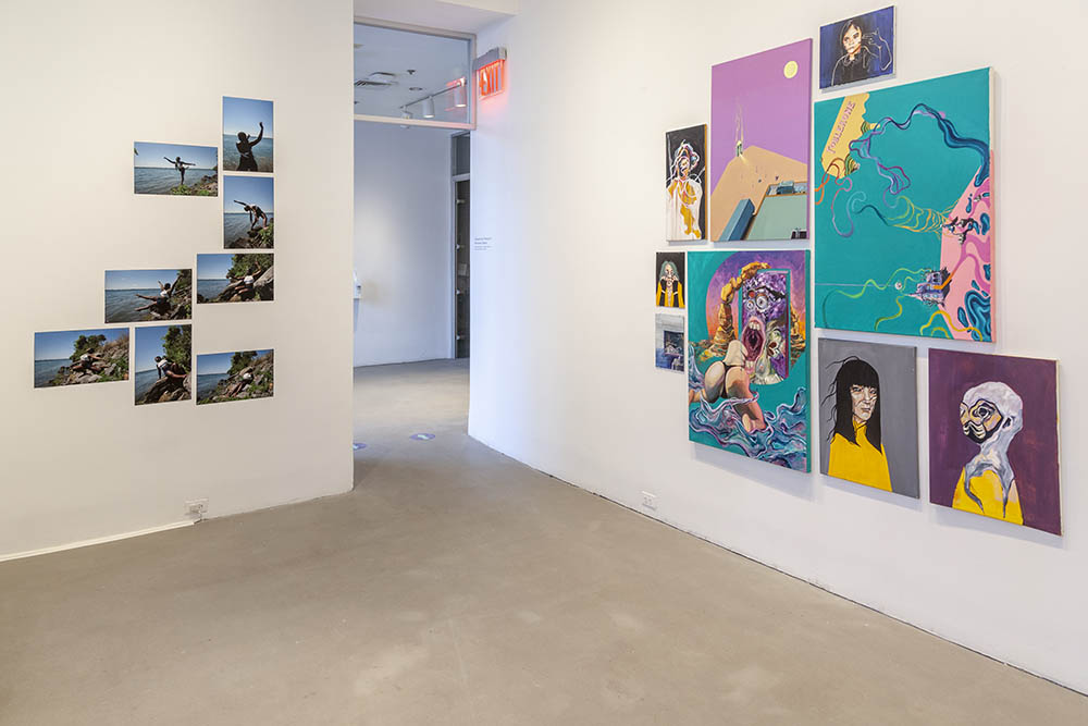Installation view, left wall collection og photogrpahs shown in a geometric pattern on the wall, paintings at right shown in a grid.