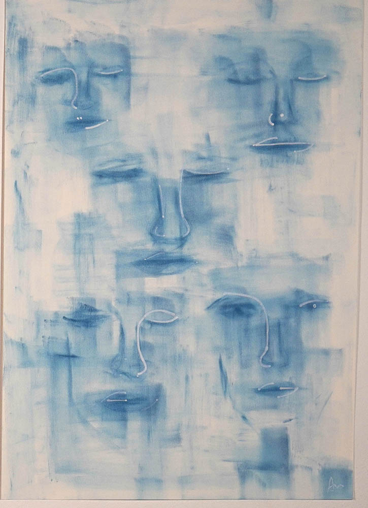 drawing of faces in blue pastel