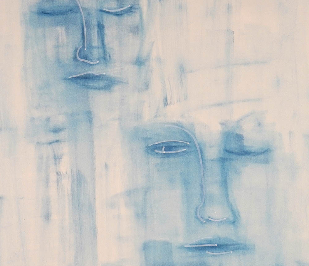 Detail, close up of faces in blue pastel