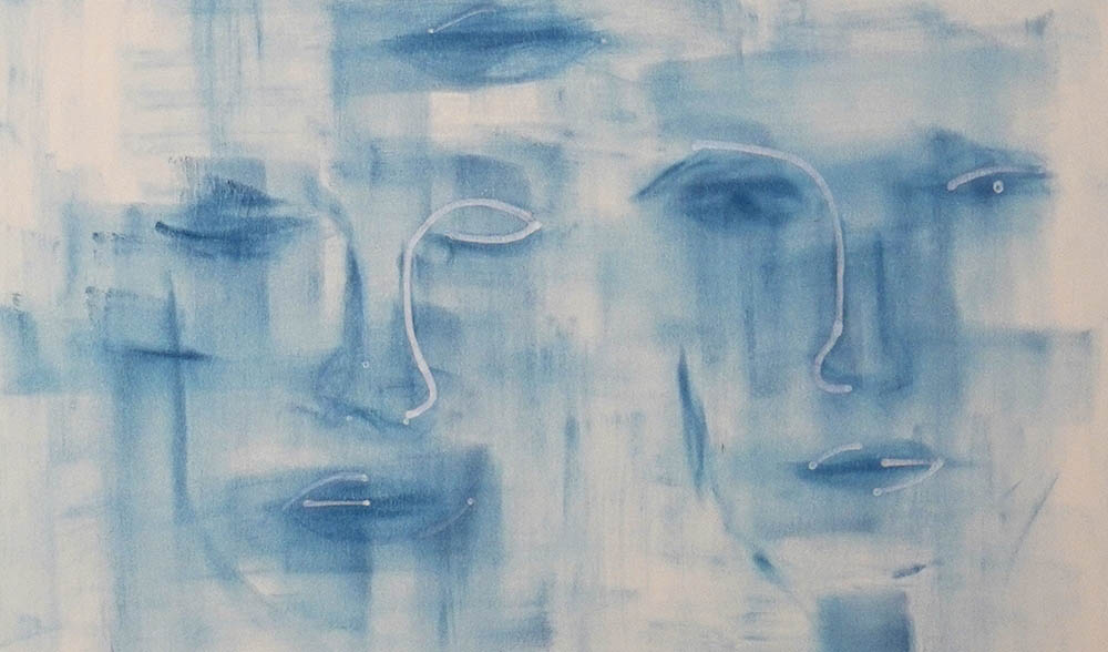 Detail, close up of faces in blue pastel