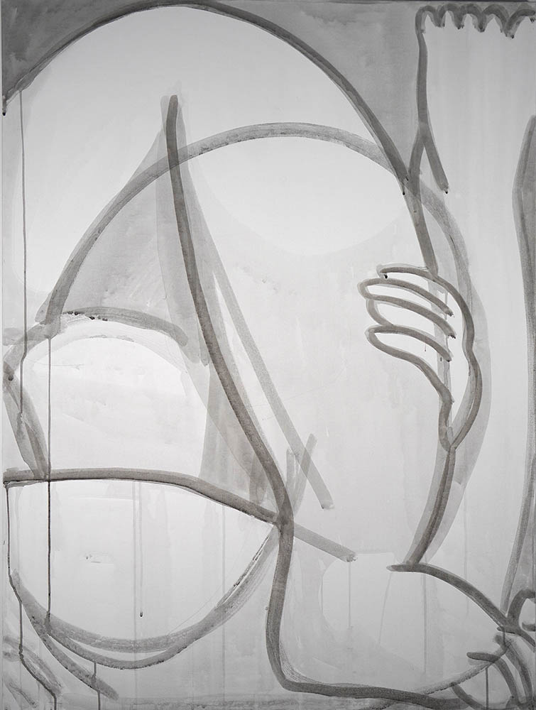 painting of geometrically abstract nude bodies in black and white