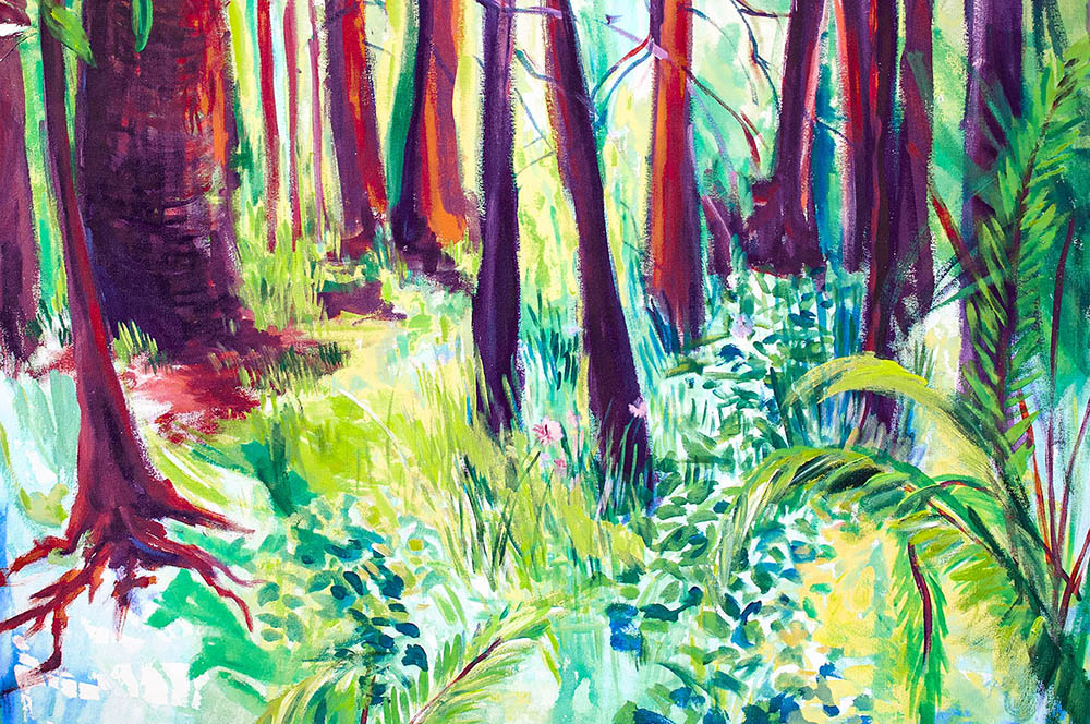 painting of forest, tall trees in background, ferns and other ground covering in the foreground
