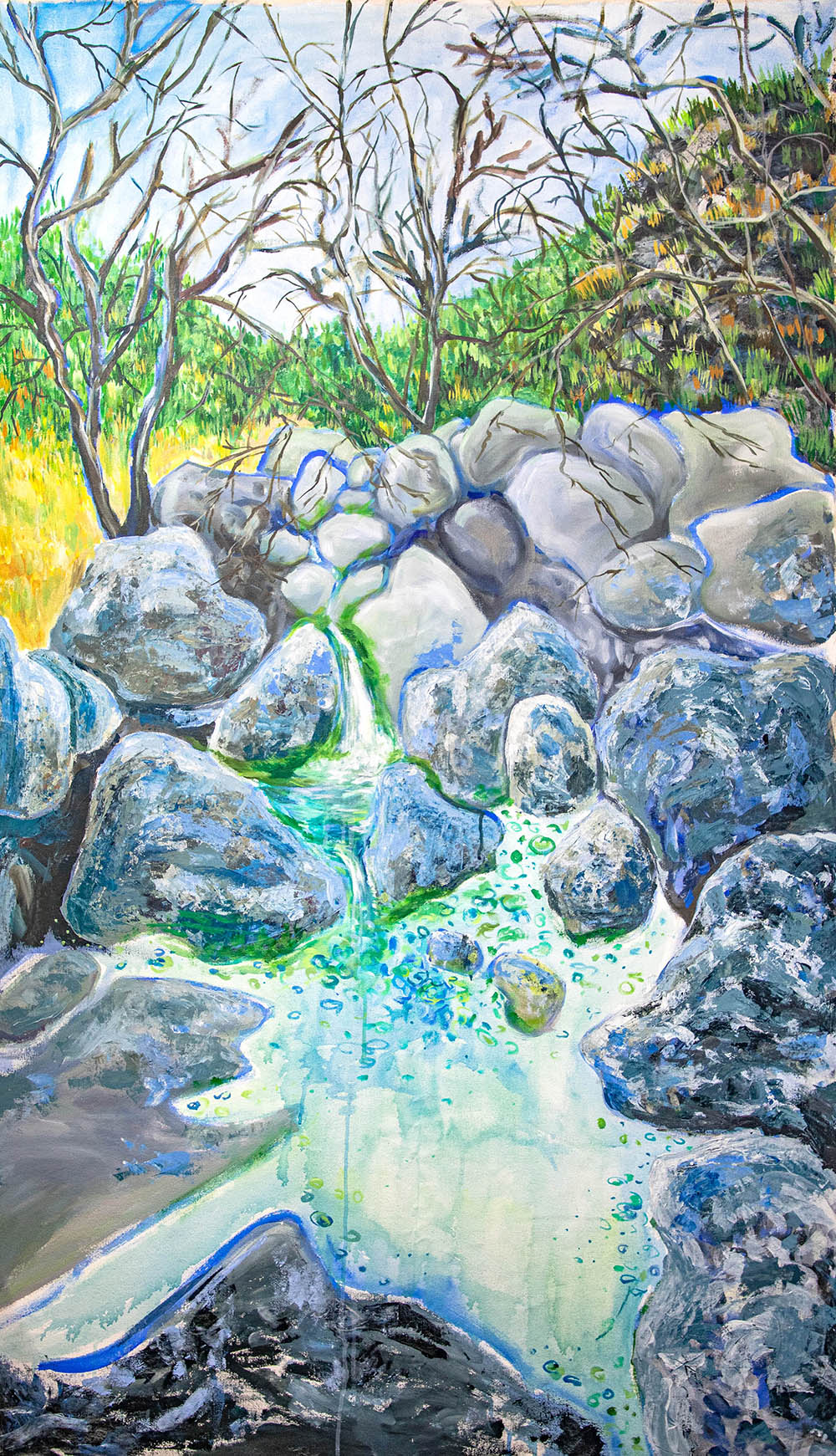 painting of water flowing through rocks with trees in the background