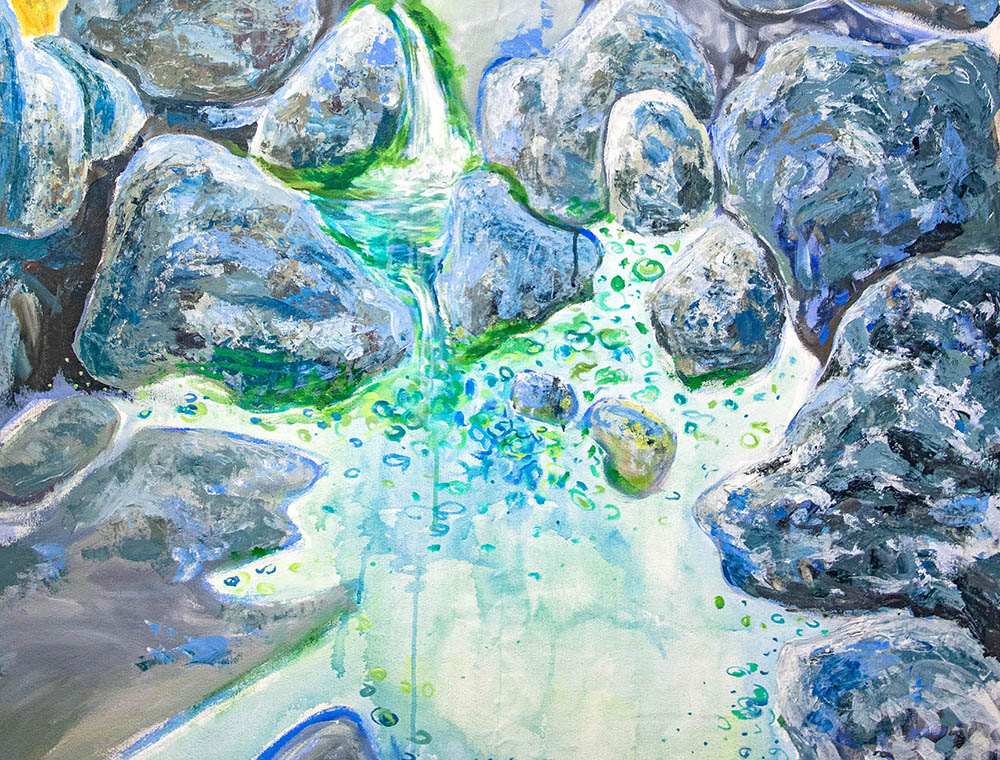 detail of painting of water flowing through rocks