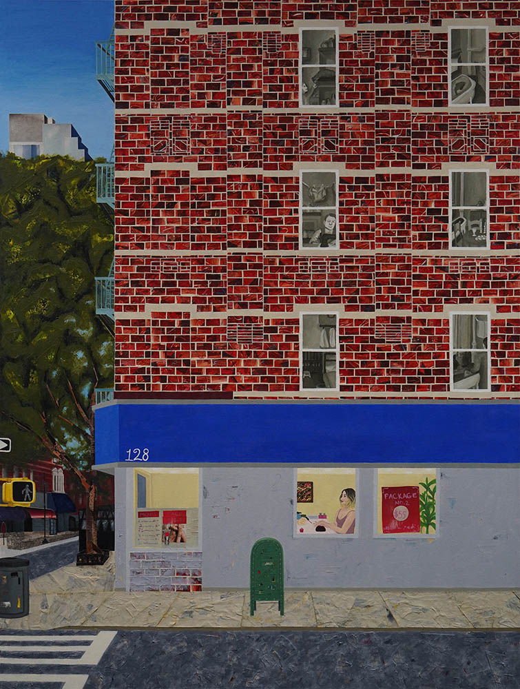 painting of brick building with a restaurant at the bottom. woman seen through window seated at restaurant.