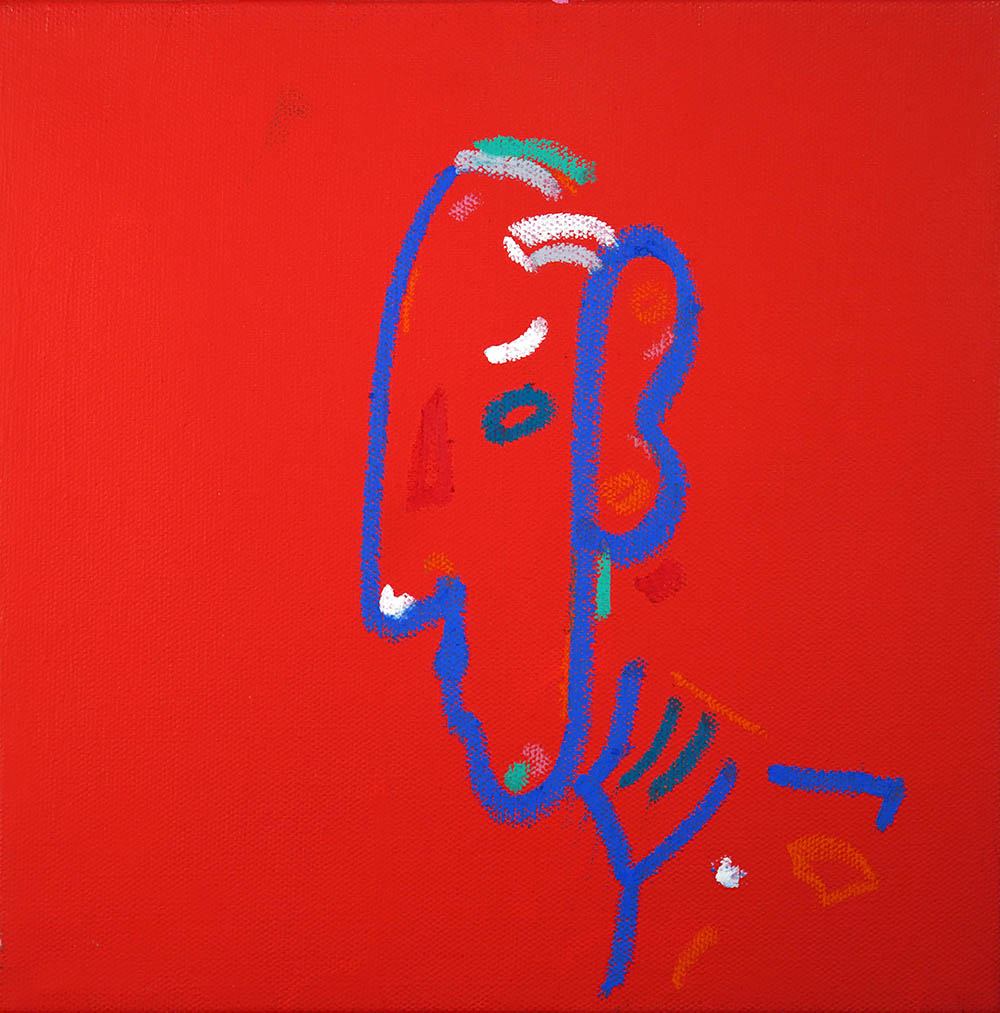 abstract painting: profile in blue lines on red background