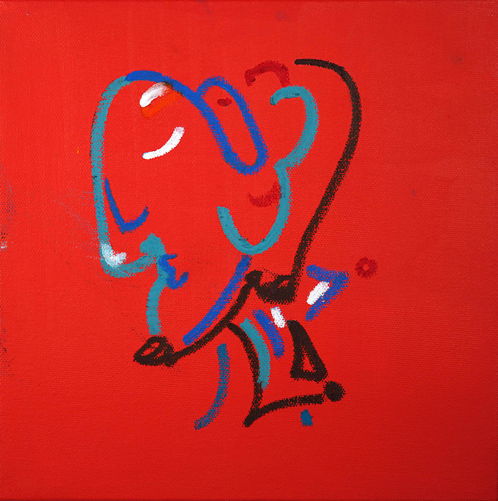 abstract painting: profile in blue lines on red background