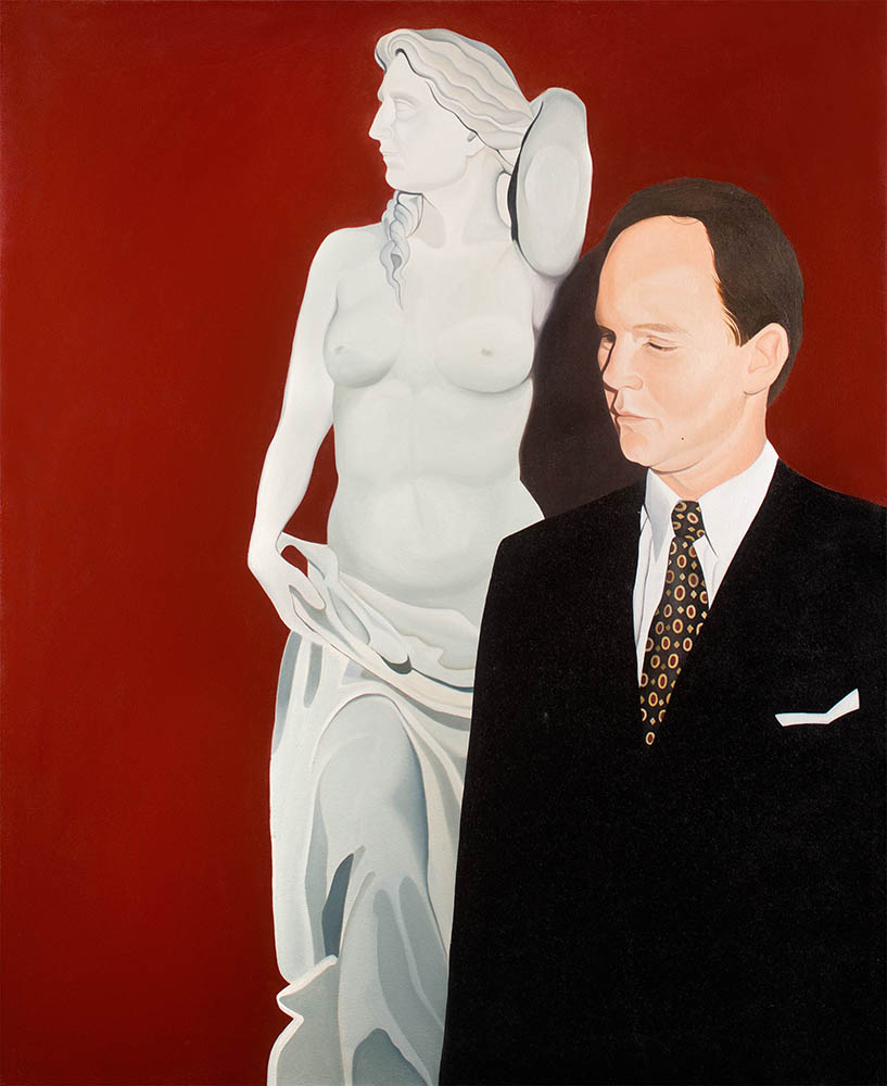 Painting of man in suit in front of a classical sculpture in front of a red background