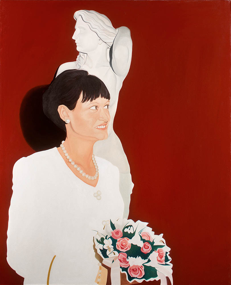 Painting of woman in a white suit holding flowers in front of a classical sculpture in front of a red background