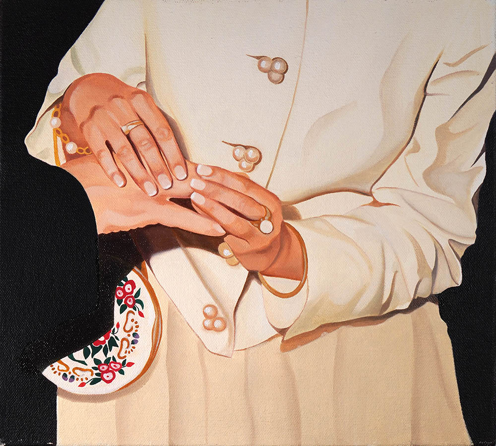 Painting of woman putting a ring on a man's finger